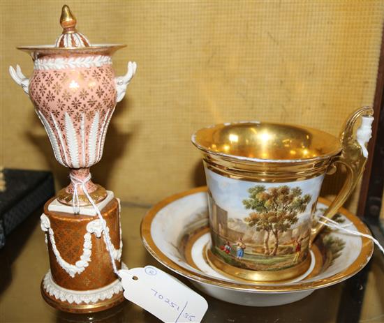 19C Wedgwood creamware pedestal urn and cover, gilt & moulded decoration & a Continental Empire style cup & saucer